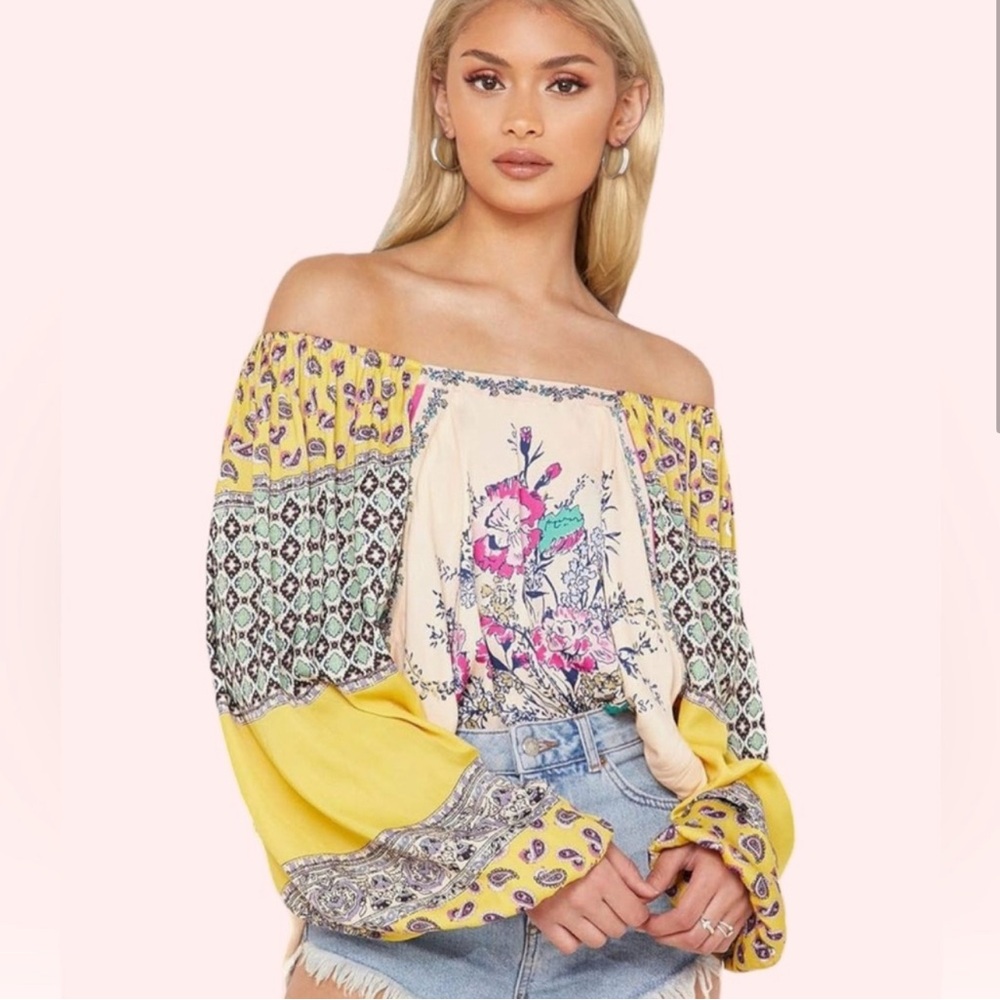Free People Yellow and Blue Graphic Long Sleeve Blouse